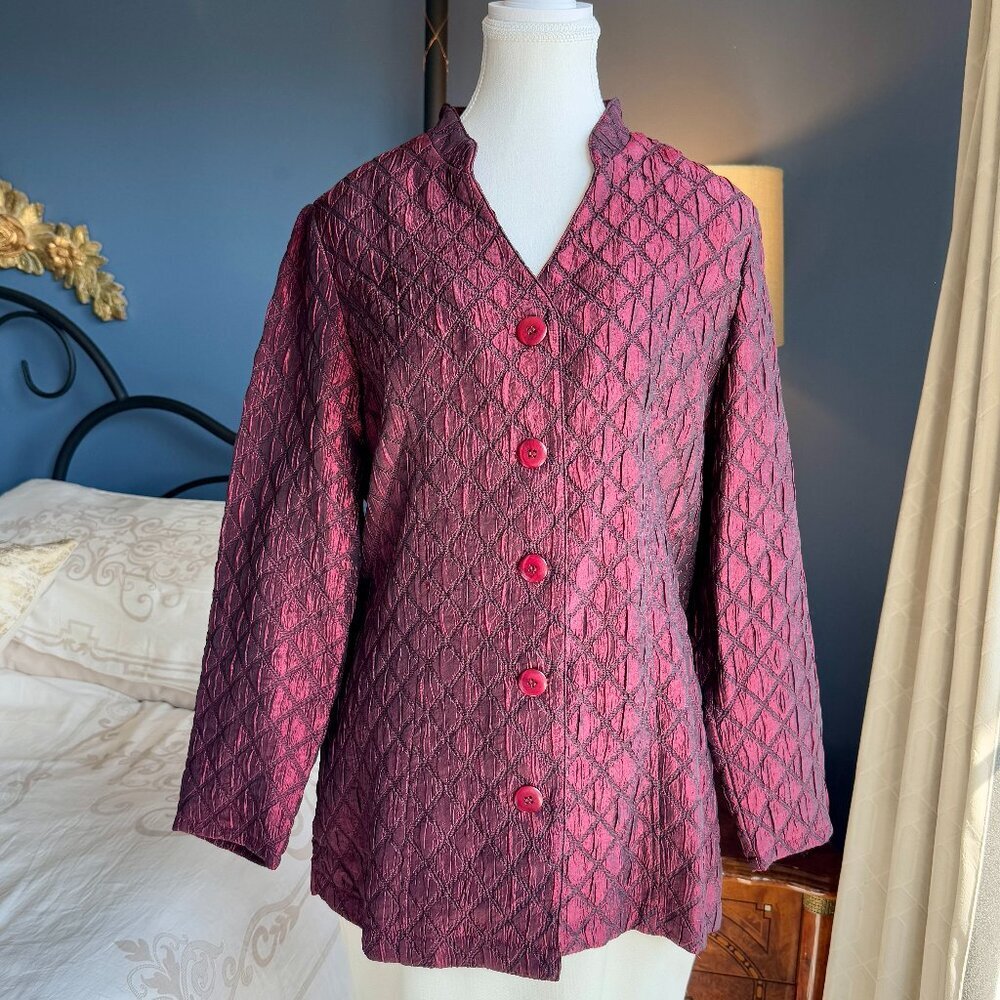 Maroon Diamond Quilted Mandarin Collar Jacket Blazer